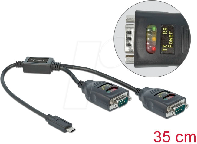 DELOCK 90494 - USB Konverter, C auf 2x RS232, ESD, Status LEDs, 35 cm