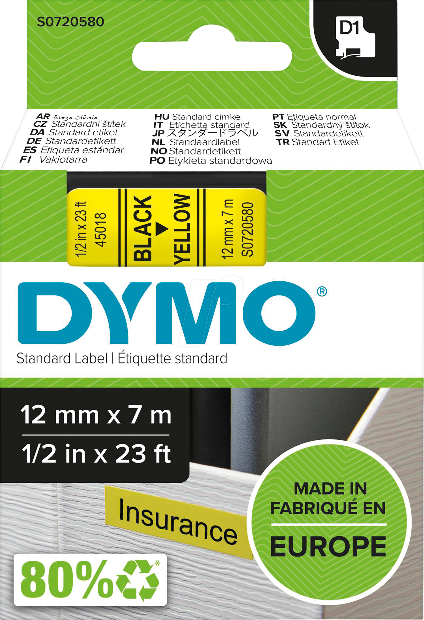 Thumbnail - DYMO D1 45018 - DYMO D1 Schriftband, 12mm, schwarz/gelb