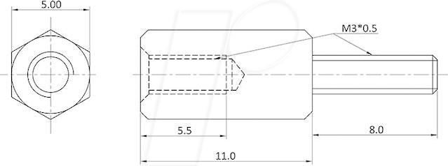 Thumbnail - ECON D3X11A5MH - Abstandsbolzen Messing M3 11 mm Innen/Außen 100St.