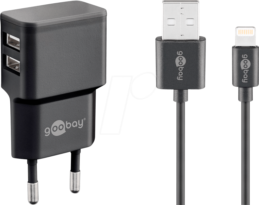 GOOBAY 44995 - USB-Ladegerät, dual, 5 V, 2,4 A, Lightning, schwarz