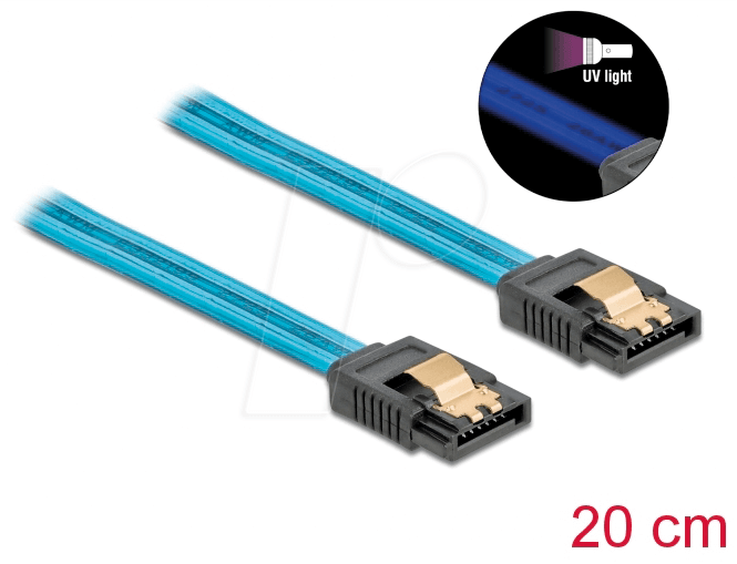 DELOCK 82121 - Kabel SATA 6 Gb/s St. > Bu., UV leuchtend blau, 20 cm