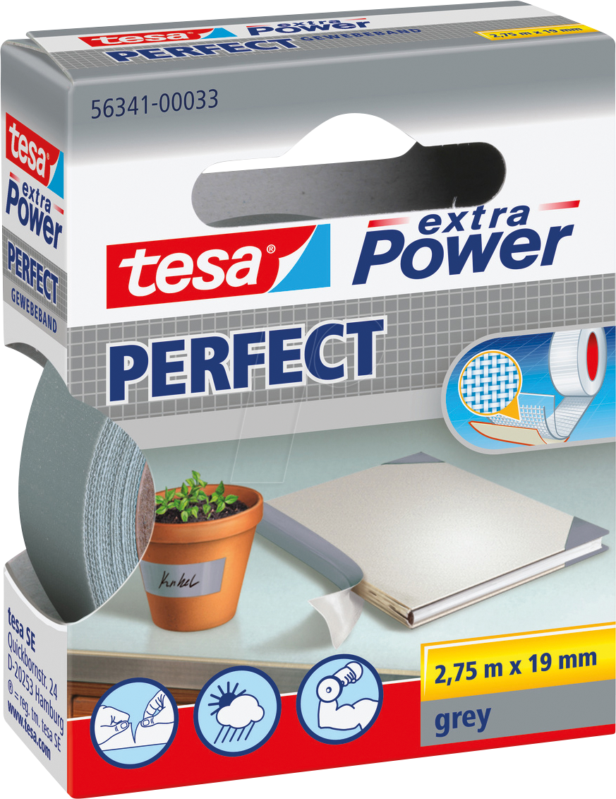 TESA 56341 GR - Gewebeband tesa extra Power® Perfect, 2,75 m x 19 mm, grau