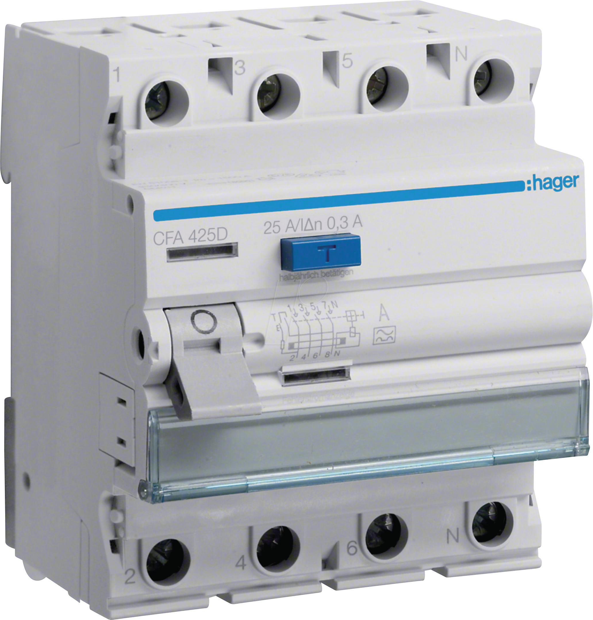 HAGER CFA425D - Fehlerstromschutzschalter, 4 polig, 6kA, 25A, 300mA, Typ A