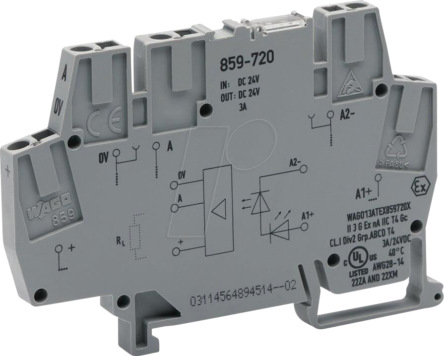 WAGO 859-720 - Optokopplermodul, E: DC 24 V, A: DC 0 … 24 V, 6 A, grau