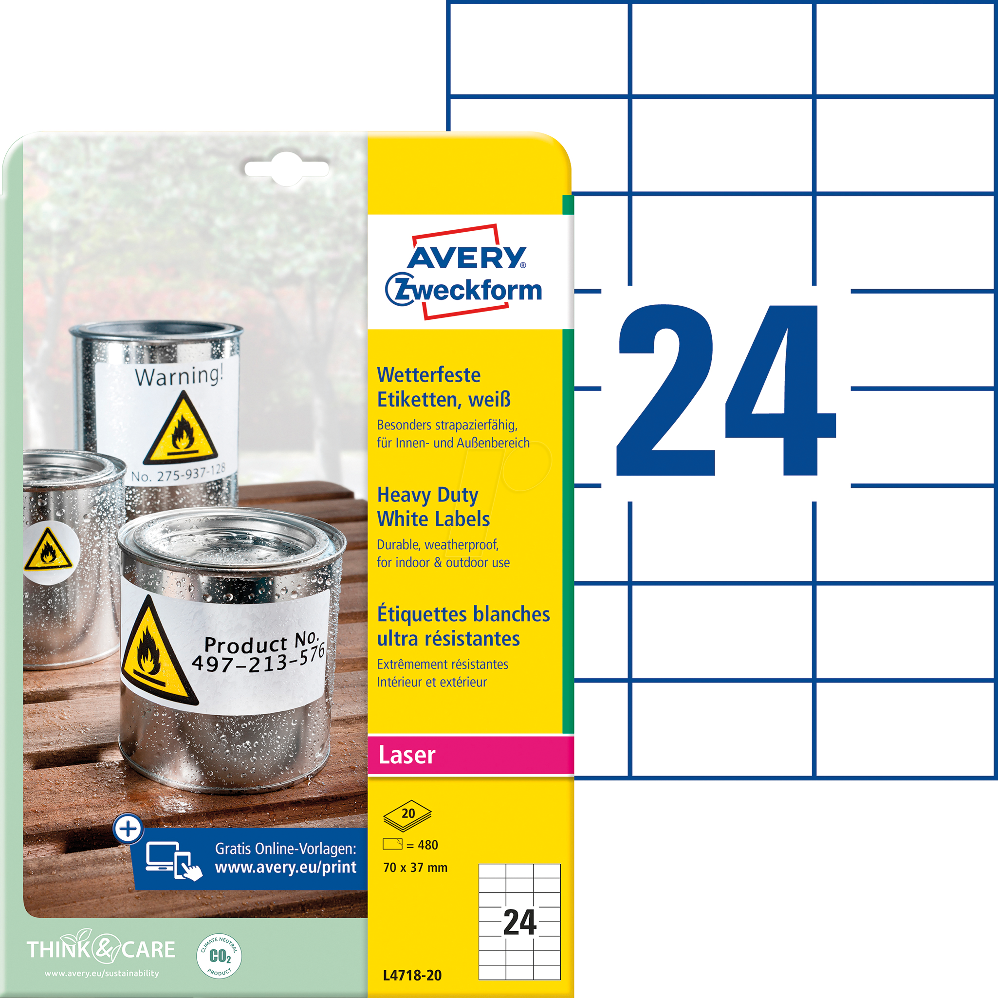 Thumbnail - AVZ L4718-20 - Folien-Etiketten, wasserfest, 70 x 37 mm, 480 Stück, weiß