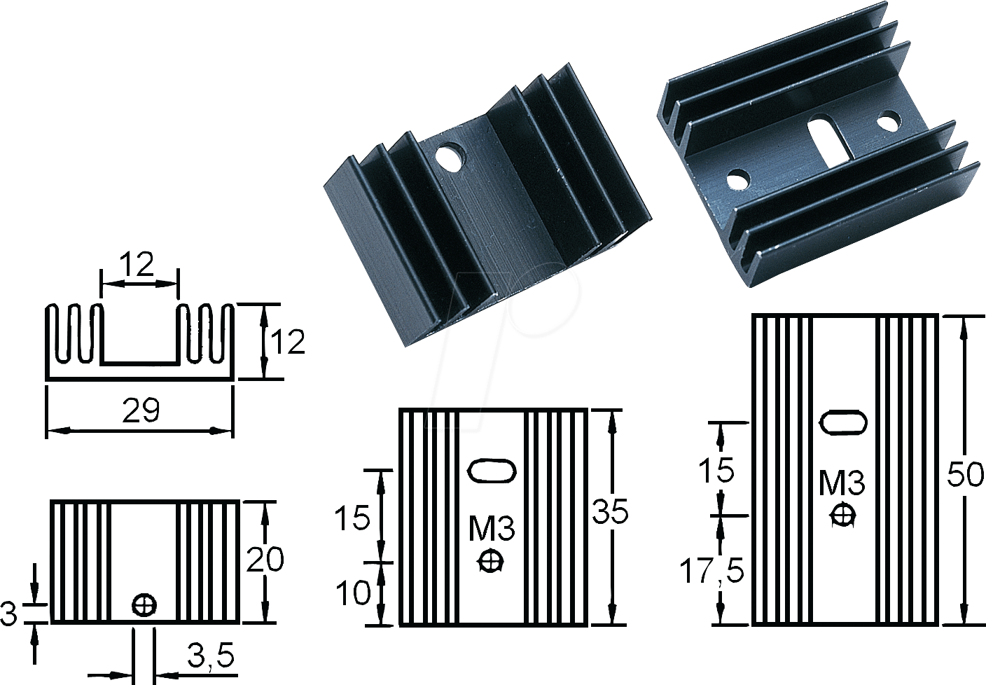 V 4330K - Rippen-Kühlkörper, 35x29x12mm, 12K/W