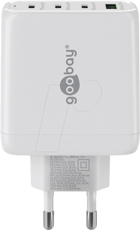 GOOBAY 64822 - USB-Ladegerät, 68 W, 1x USB-A (QC), 3x USB-C (PD), GaN, weiß