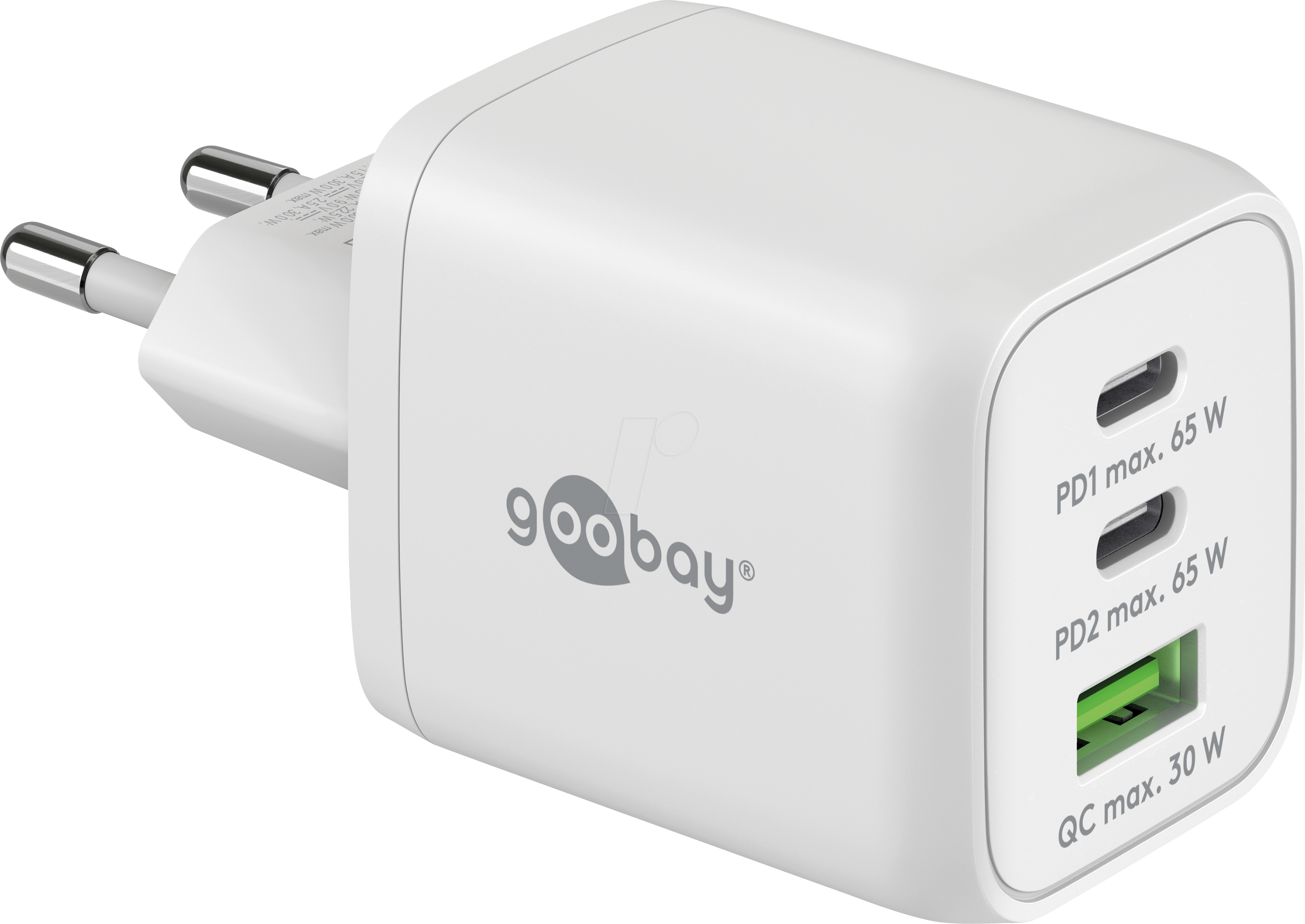 GOOBAY 64754 - USB-Ladegerät, 65 W, 1x USB-A (QC), 2x USB-C (PD), GaN, weiß