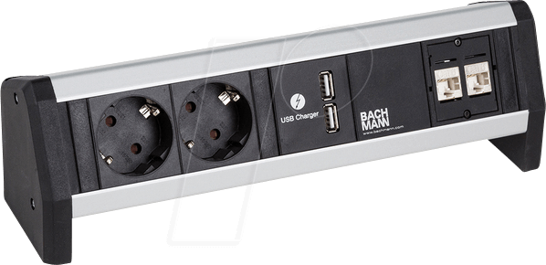 BACH 902.196 - Tischsteckdose, 2-fach, Typ F, 2 x USB, 2 x LAN, schwarz