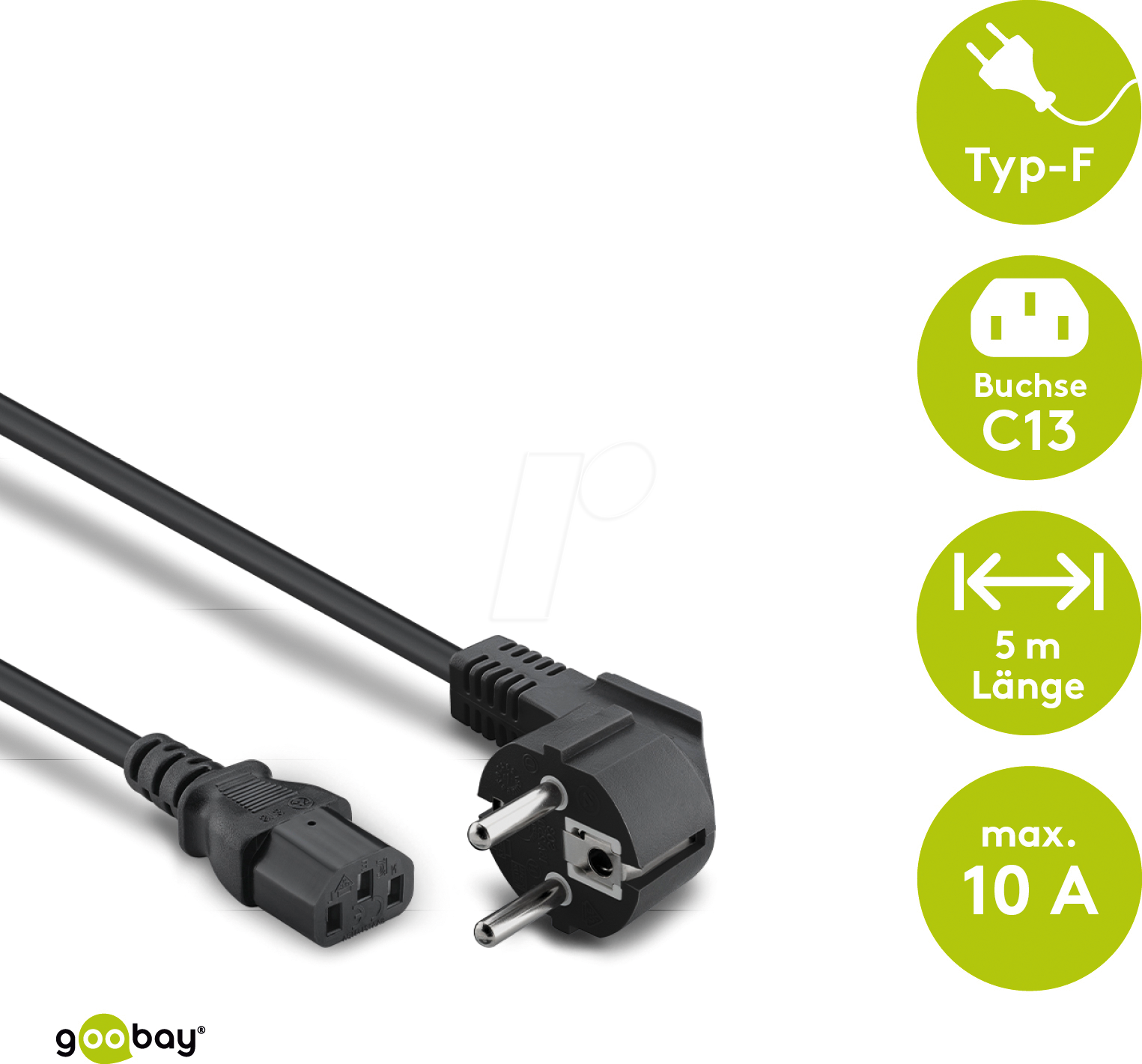 GOOBAY 51320 - Abgewinkeltes Kaltgeräte-Anschlusskabel, 5 m, Schwarz