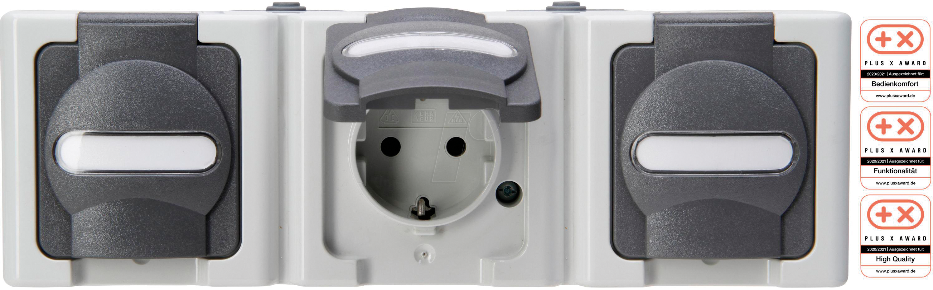 EL BE 131356005 - BLUE ELECTRIC - Steckdose mit Klappdeckel, 3-fach, grau