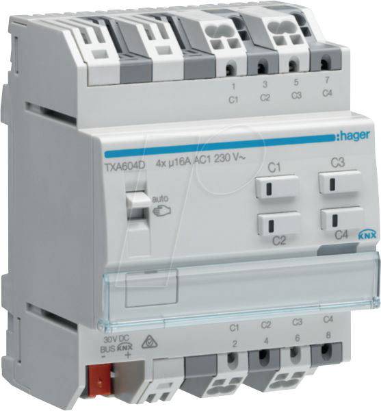 HAGER TXA604D - Schalt-/Jalousieaktor 4/2-fach KNX easy, 16A, C-Last