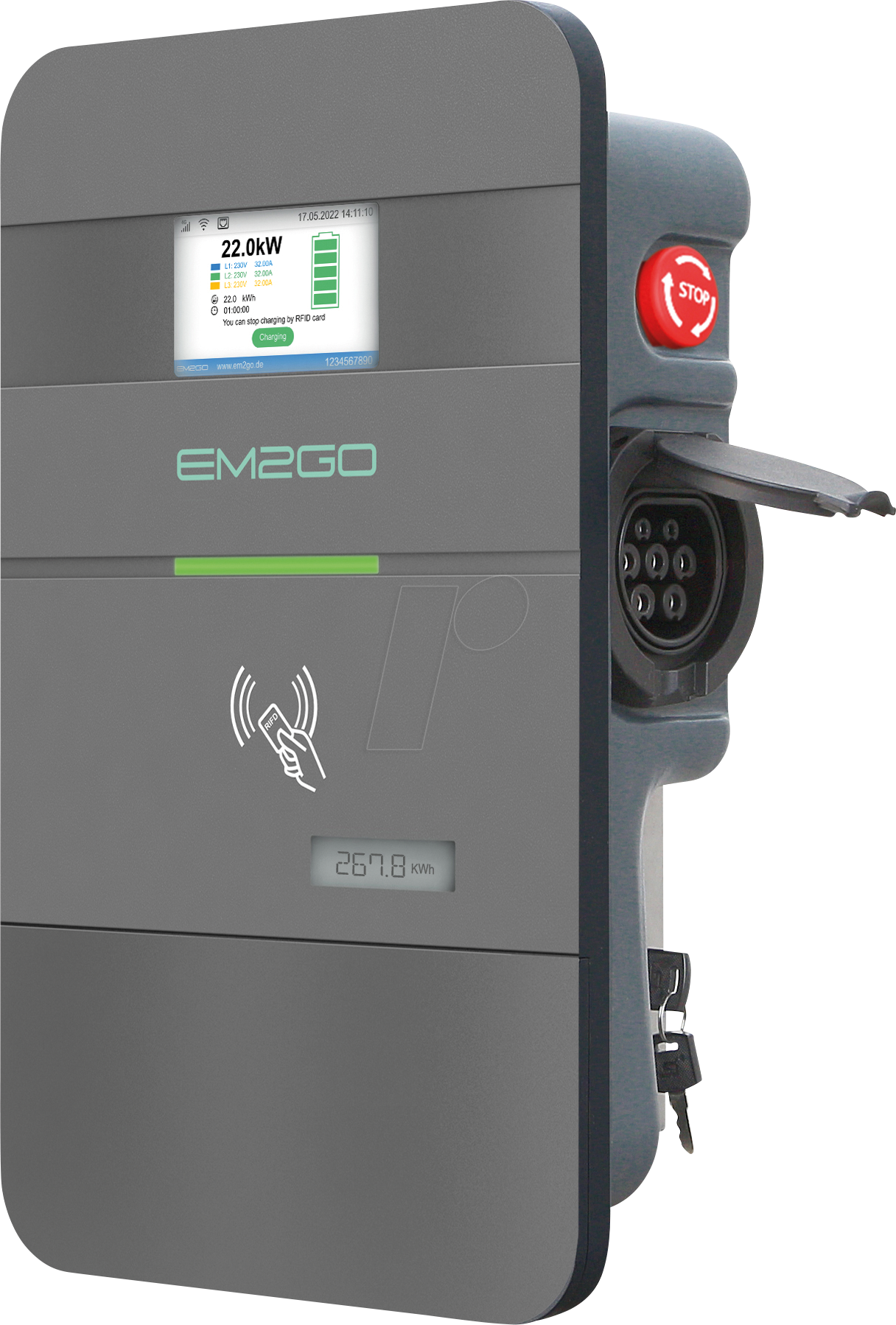 EM2GO EMN022AS0 - Wallbox, 22 kW, LAN+WLAN+RS485, 32 A 3PH, OCCP