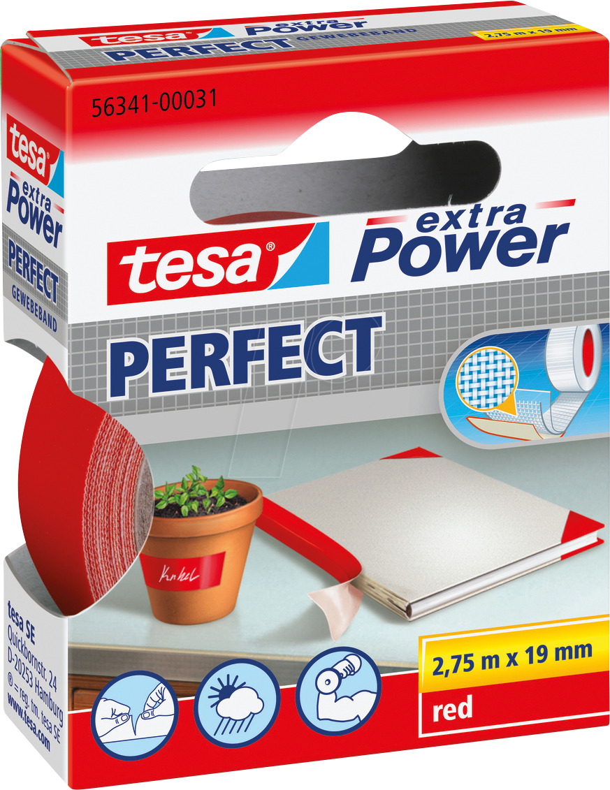 TESA 56341 RT - Gewebeband tesa extra Power® Perfect, 2,75 m x 19 mm, rot