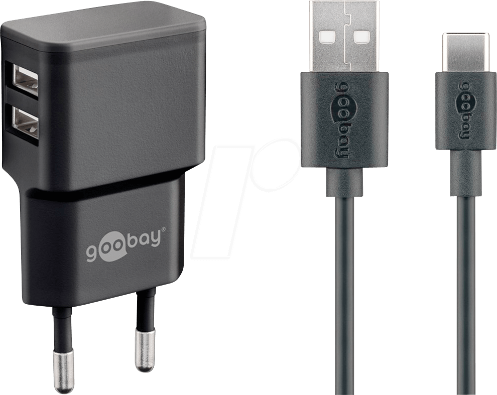 GOOBAY 44986 - USB-Ladegerät, dual, 5 V, 2,4 A, USB-C, schwarz