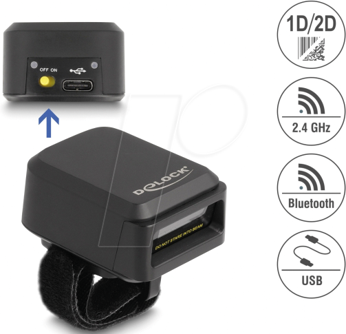 DELOCK 90607 - Barcodescanner, Ring, 1D/2D, 2,4 GHz/Bluetooth