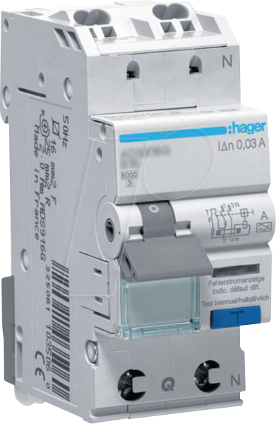 HAGER ADS906D - Fehlerstrom-Leitungsschutzschalter 1P+N 6kA B-6 A 30mA Typ A
