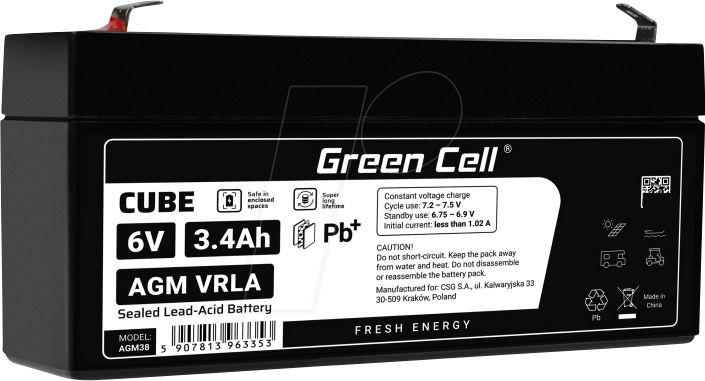 Thumbnail - GC AGM38 3.4AH - Blei-Vlies-Akku, AGM, 6V, 3,4 Ah