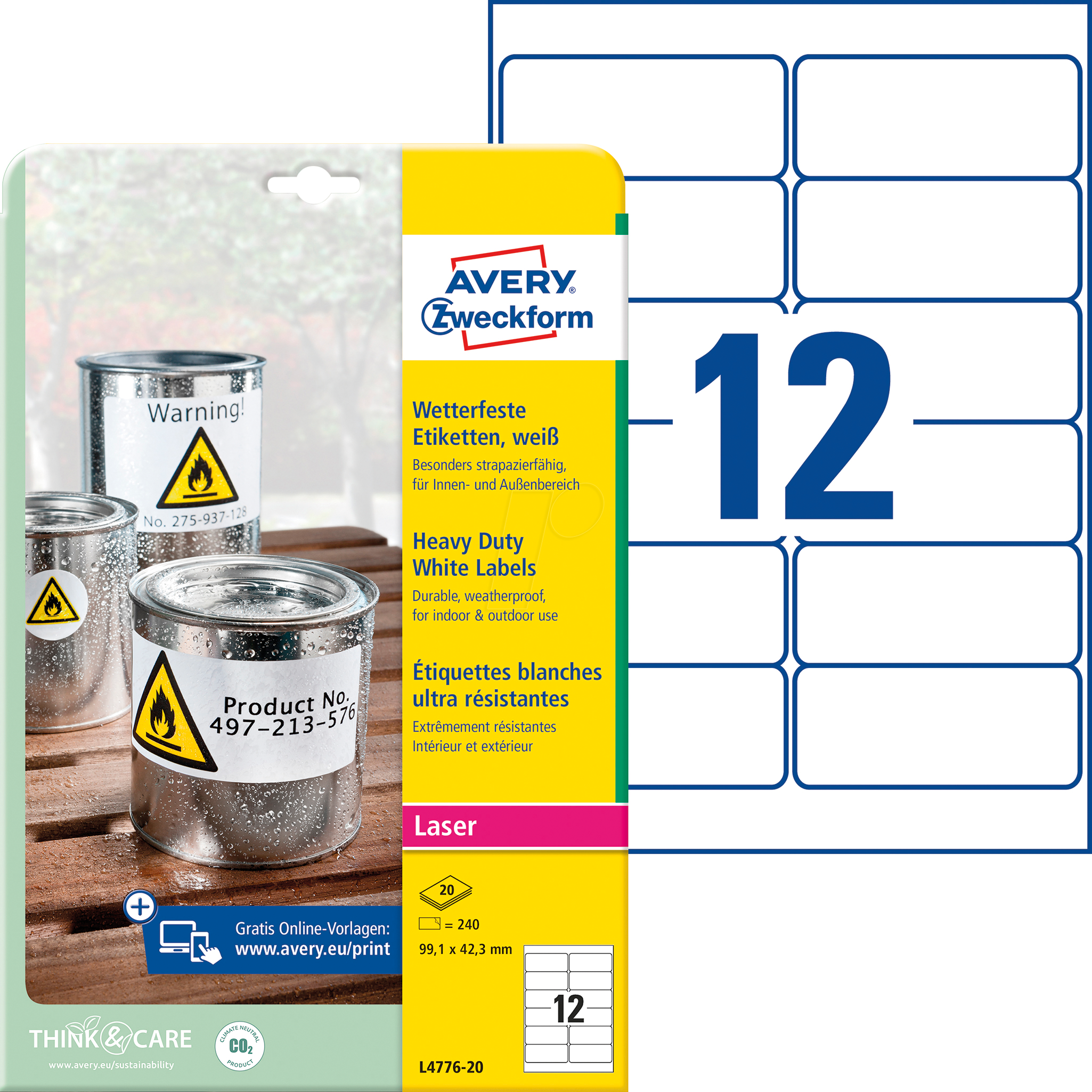 AVZ L4776-20 - Folien-Etiketten, wasserfest, 97 x 42,3 mm, 240 Stück, weiß