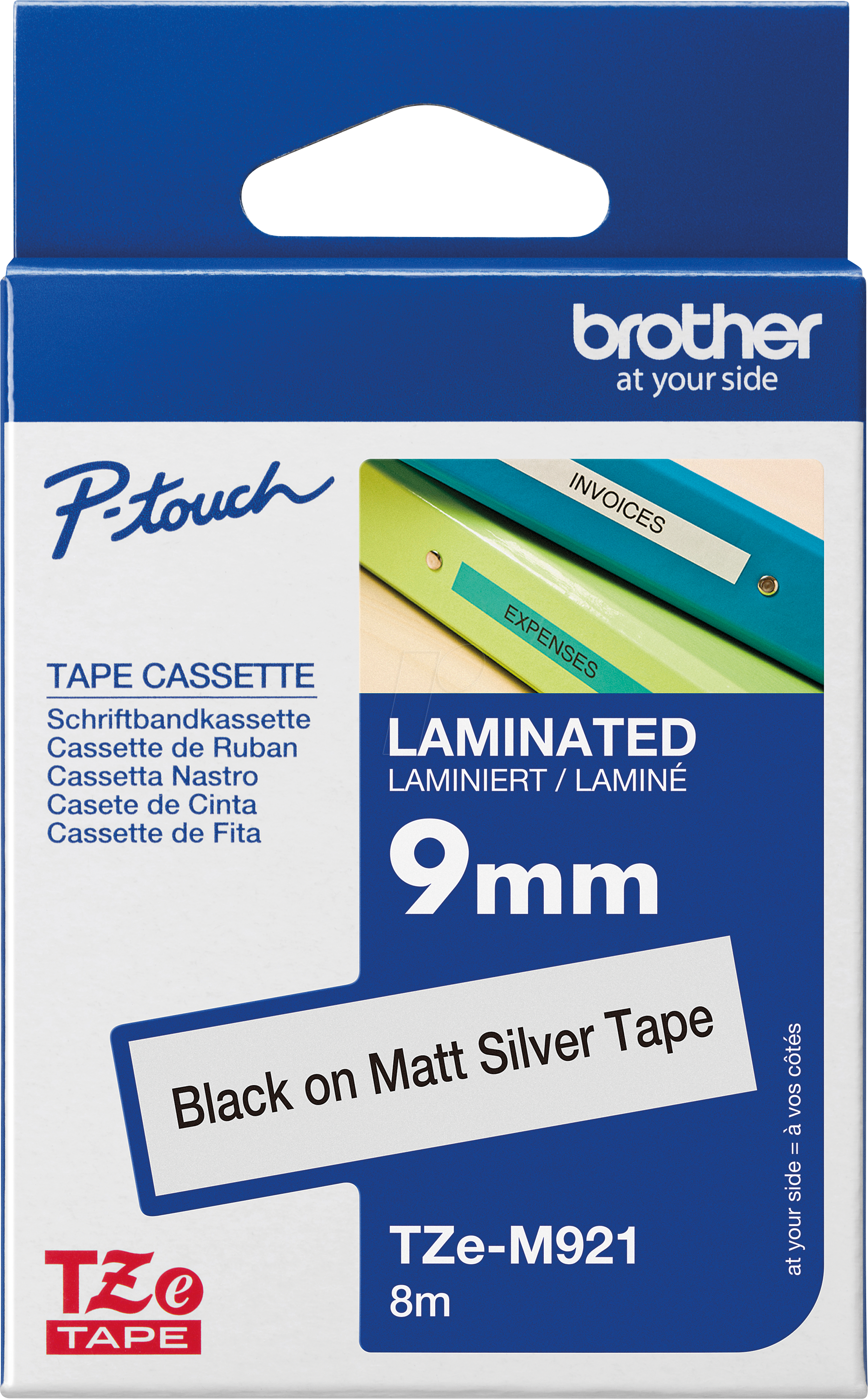 P-TOUCH TZEM921 - laminiertes Schriftband, schwarz auf silber, 9mm