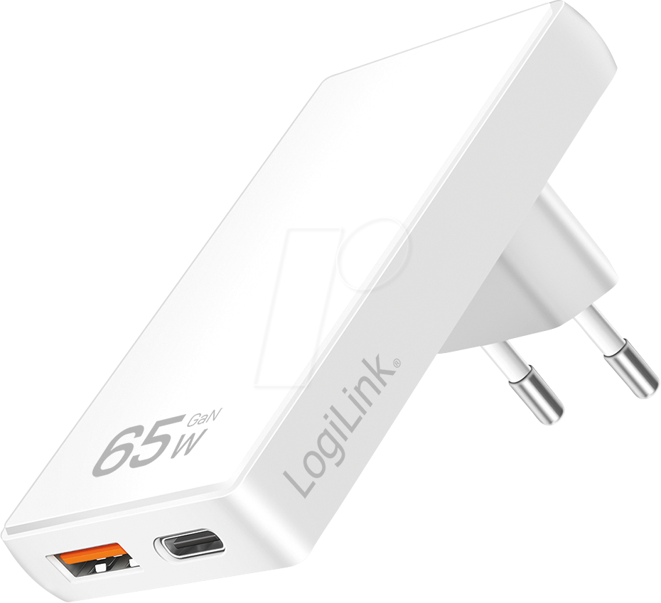 LOGILINK PA0368 - USB-Ladegerät, 65 W, 1x USB-A 1x USB-C (PD), 90°, Weiß