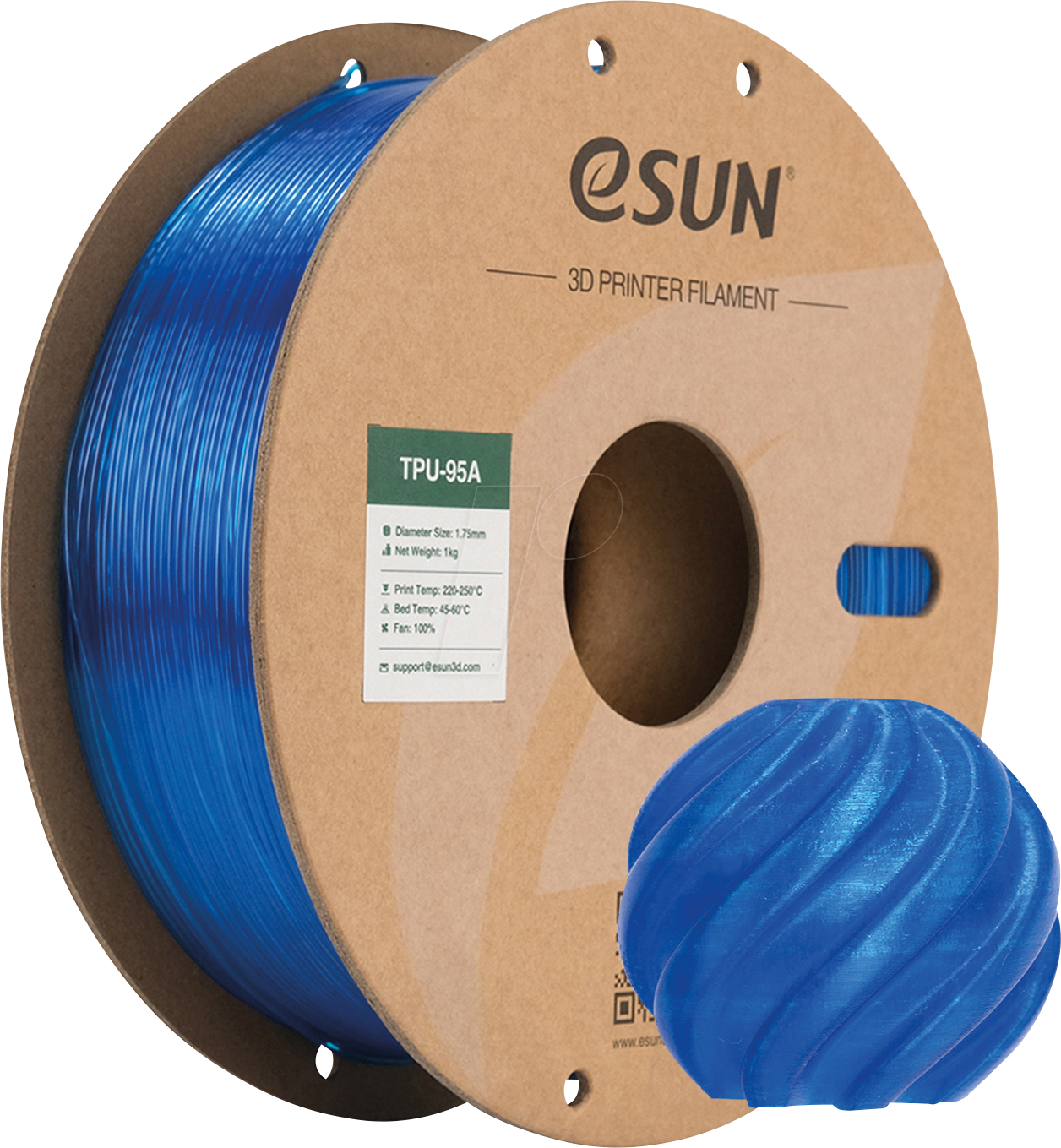 ESUN 72277083 - Filament, TPU-95A, 1,75 mm, durchscheinendes blau, 1 kg