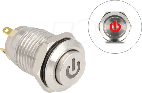 Thumbnail - DELOCK 20981 - Drucktaster Edelstahl, beleuchtet, LED - Powersymbol, rot, IP65