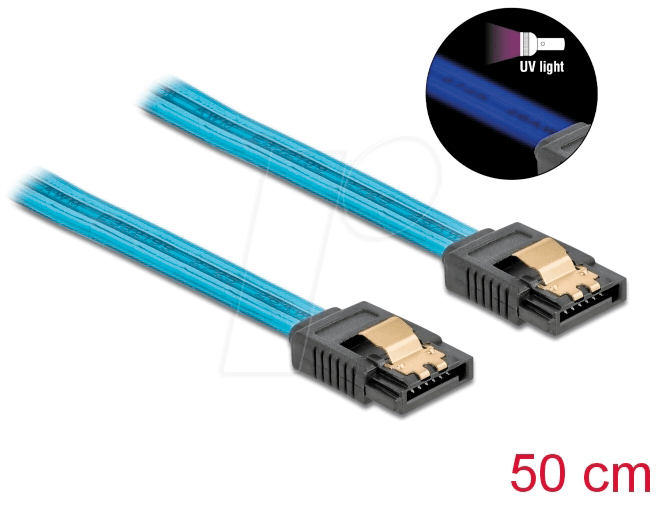 DELOCK 82130 - Kabel SATA 6 Gb/s St. > Bu., UV leuchtend blau, 50 cm