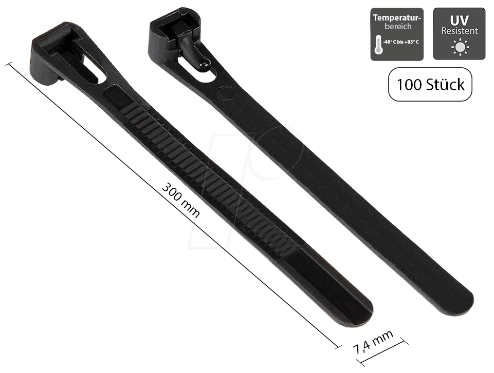 GC KAB-R30S74 - Kabelbinder, wiederlösbar, 300 mm, schwarz, UV-beständig, 100er-
