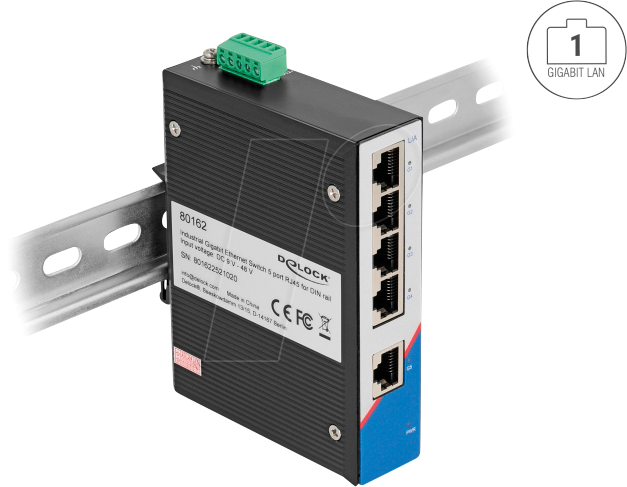 DELOCK 80162 - Industrie Gigabit Ethernet Switch 5 Port RJ45 für Hutschiene