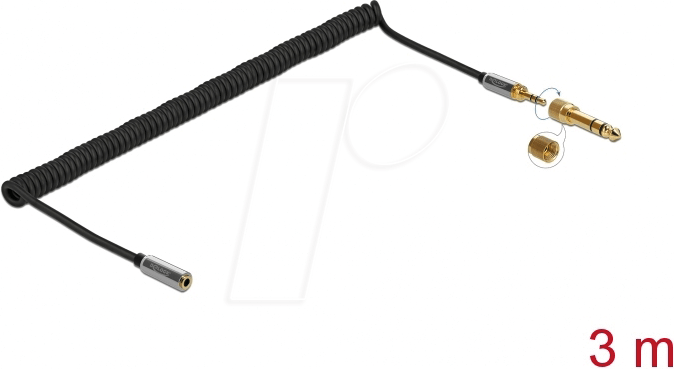 DELOCK 85833 - Klinke 3,5 mm Stecker/Stecker, 1x 6,35mm Adapter, Spiral, 3 m