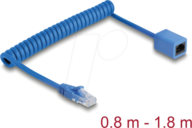 DELOCK 90366 - RJ45 Spiralkabel Stecker zu Buchse Cat.6 0,8 m bis 1,8 m blau