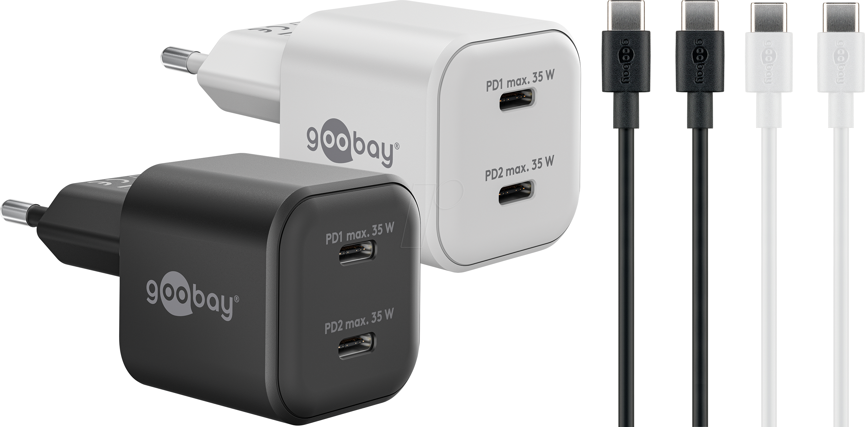 GOOBAY 79645 - USB-Ladegerät, 35 W, 2x USB-C, 2er-Set schwarz, weiß, Kabel