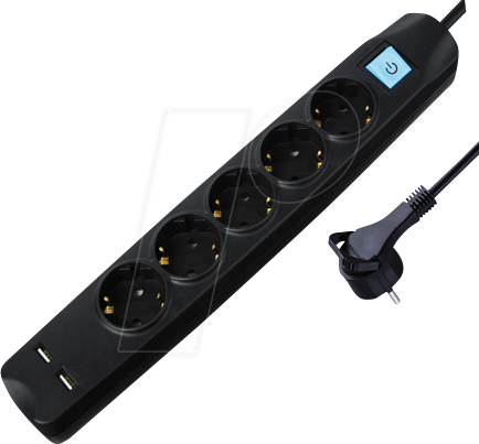 TME NV58-3L - Steckdosenleiste, 5-fach, 2x USB, schwarz, 3 m