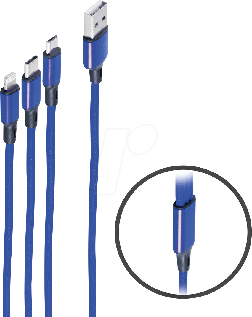 SHVP BS14-50071 - Ladekabel 3 in 1 für 8-Pin / Micro / USB C, blau, 1,2 m