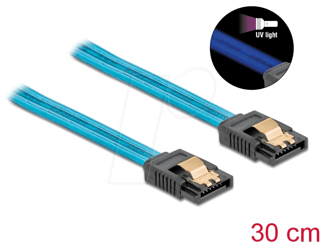 DELOCK 82127 - Kabel SATA 6 Gb/s St. > Bu., UV leuchtend blau, 30 cm