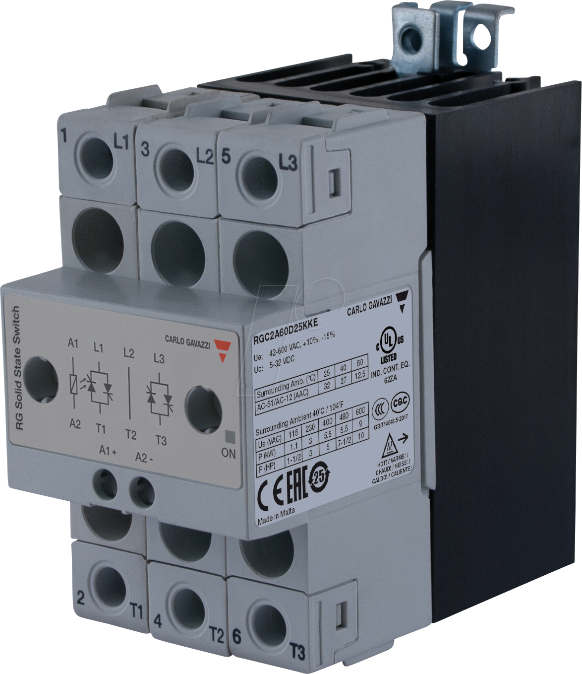 Thumbnail - RGC2A60A25KKE - Halbleiterrelais RGC2, Kühlkörper, 2-pol, 25 A, 42 - 660 V AC