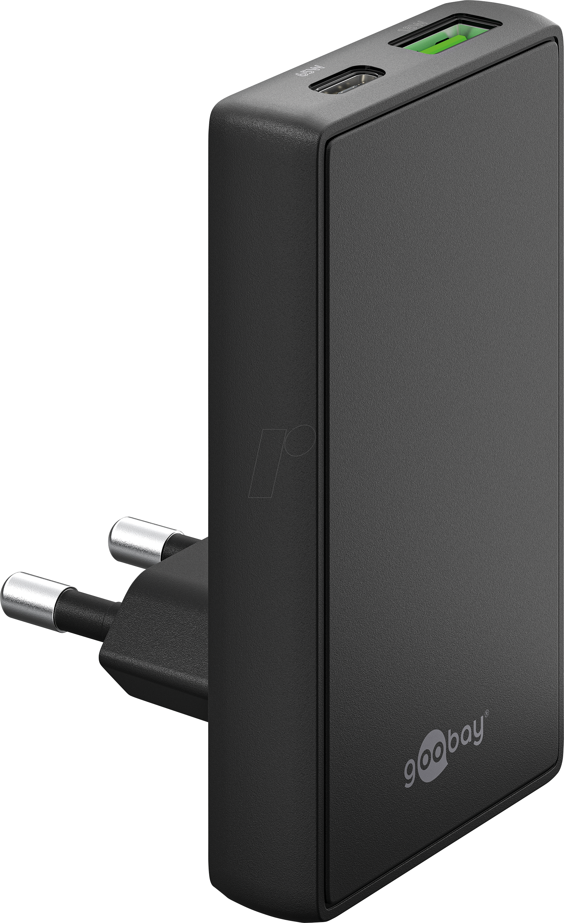 GOOBAY 75723 - USB-Ladegerät, 65 W, 1x USB-C, 1x USB-A, 90° Flat, schwarz