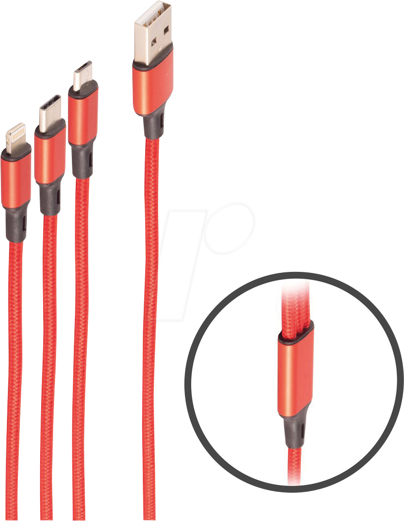 SHVP BS14-50070 - Ladekabel 3 in 1 für 8-Pin / Micro / USB C, rot, 1,2 m