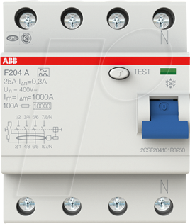 ABB F204A-2530 - Fehlerstromschutz-Schalter, Typ A, 25 A, 300 mA, 4-polig