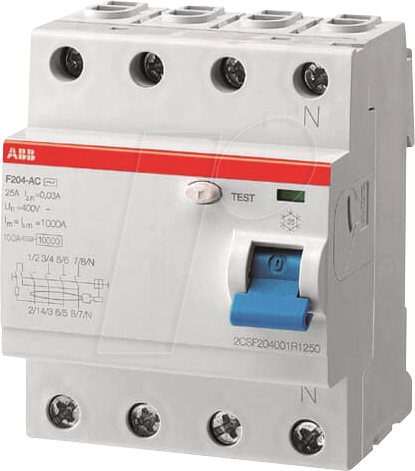 ABB F204A-6305 - Fehlerstromschutz-Schalter, Typ A, 63 A, 500 mA, 4 polig