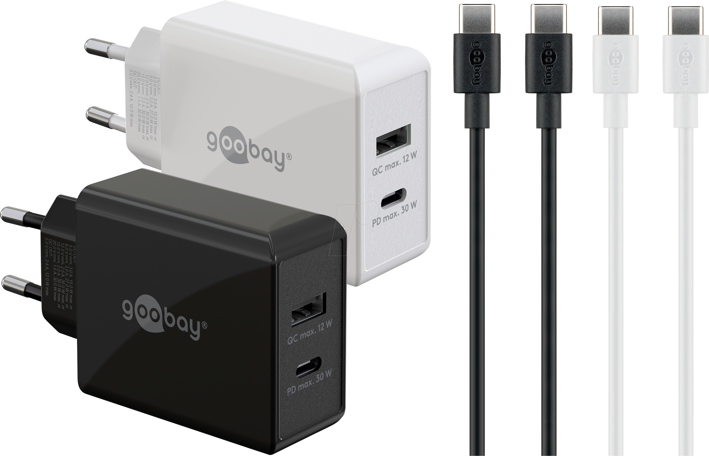 GOOBAY 79644 - USB-Ladegerät, 30 W, 1x USB-A, 1x USB-C, 2er-Set schwarz, weiß
