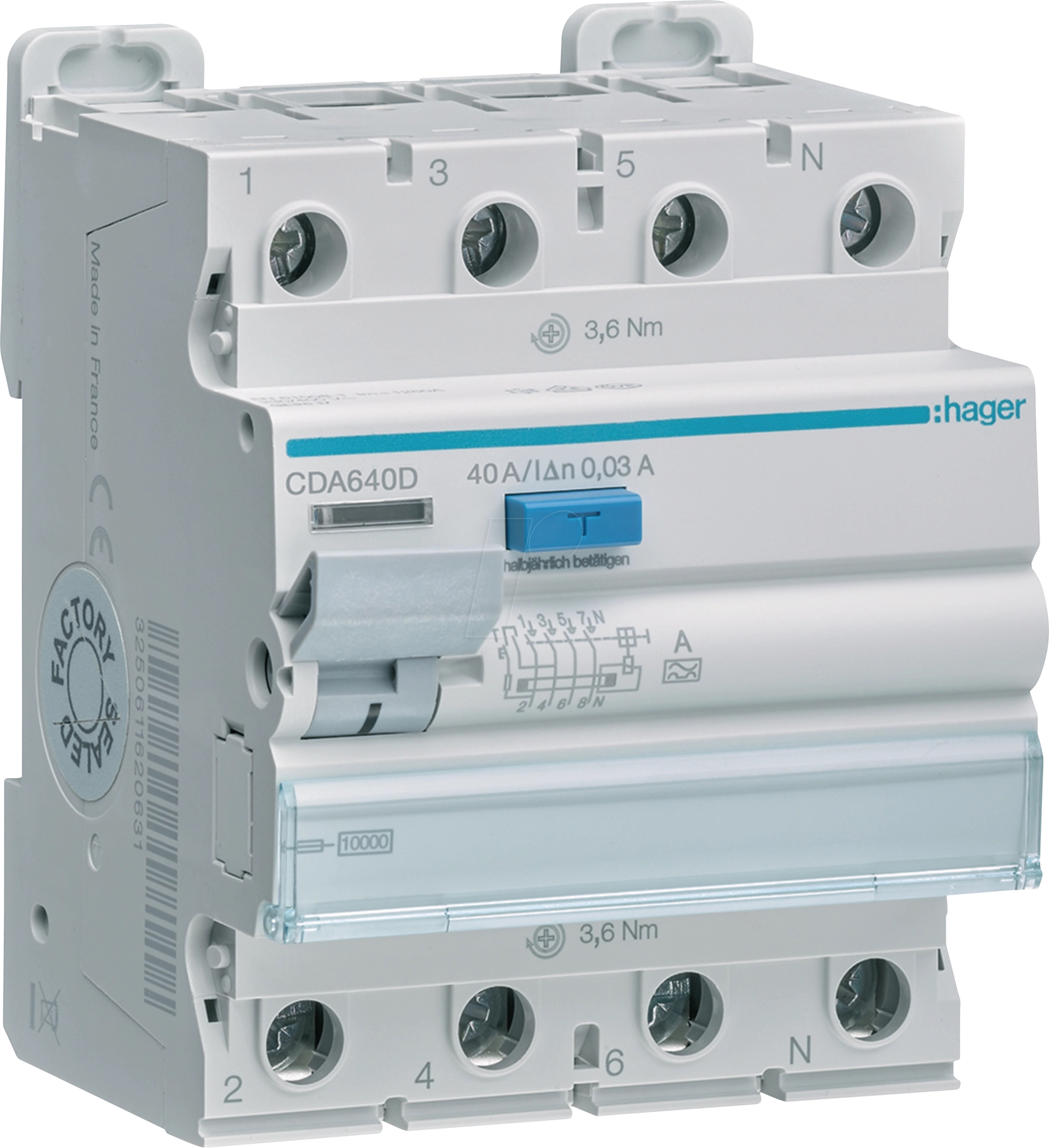 HAGER CDA640D - Fehlerstromschutzschalter, 4-polig, 10kA, 40A, 30mA, Typ A