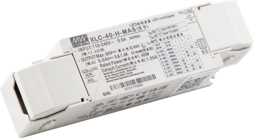 MW XLC-40-H-MAS - LED-Netzteil, 40 W, 9 - 54 V, 0,6 - 1,4 A, Matter, CP, Zugentl.
