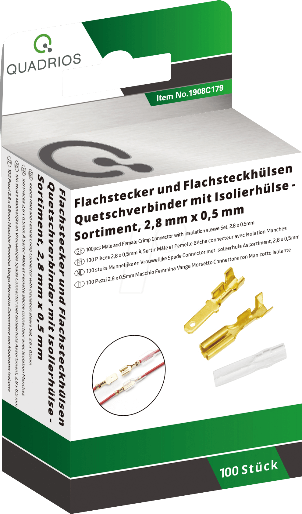 QUAD 1908C179 - Flachstecker-hülsen Set, 2,8 x 0,5 mm/ 0,5 -1,5 mm², 100 teilig