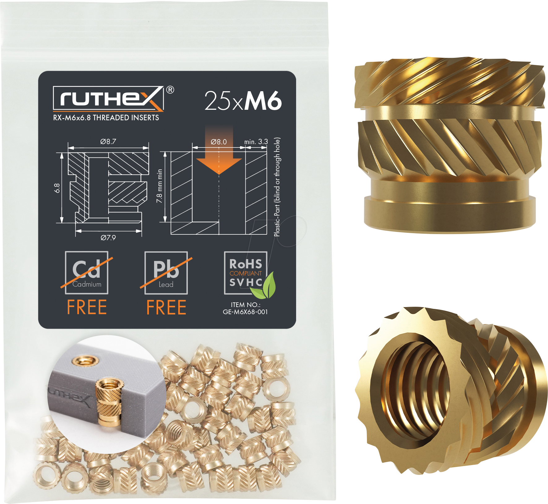 RX-M6X6,8 - 3D Druck, Gewindeeinsätze, M6x6,8, 25 Stück