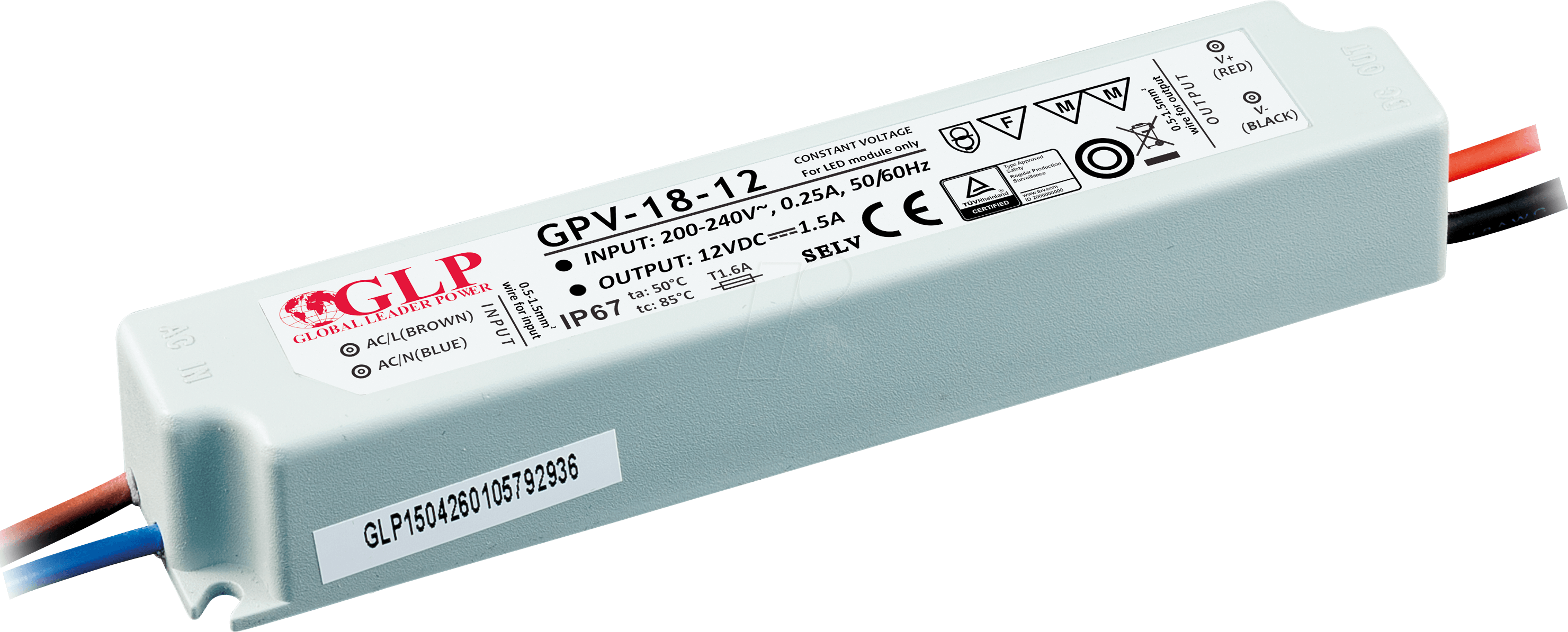 GLP GPV-18-12 - LED-Netzteil, 18 W, 12 V DC, 1,5 A, TÜV-geprüft, IP67