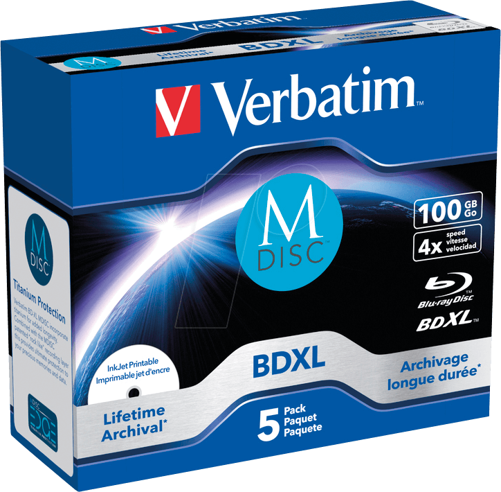 VERBATIM 43834 - BD-R XL, 100GB, bedruckbar, 5er-Pack (M-DISC)