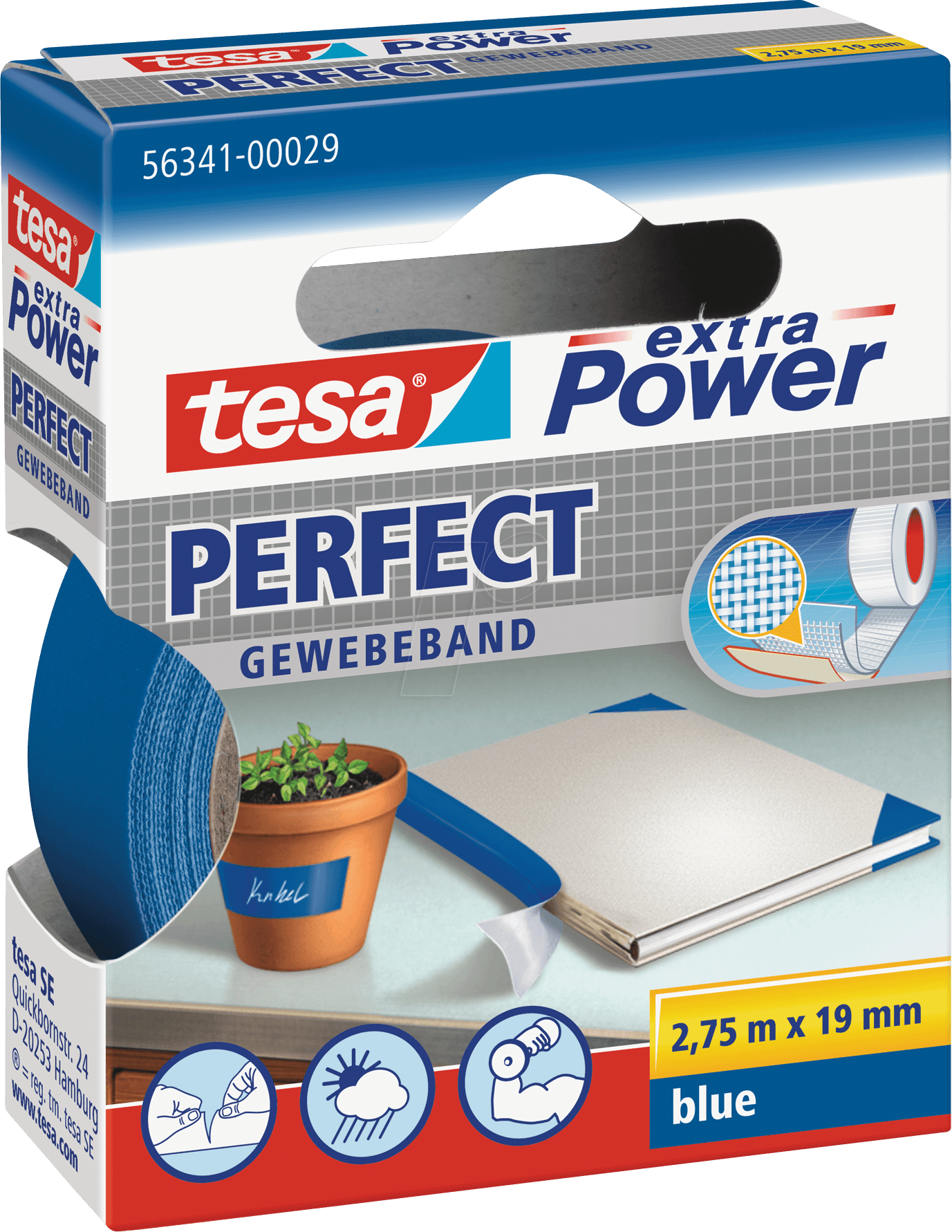 TESA 56341 BL - Gewebeband tesa extra Power® Perfect, 2,75 m x 19 mm, blau