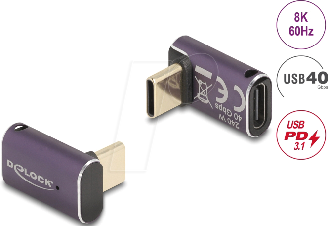 Thumbnail - DELOCK 60289 - Adapter USB 4.0 C Stecker > Buchse - 90°, 8K 60 Hz